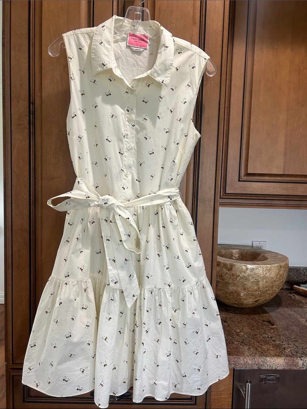 kate spade Cream Sleeveless Shirt Dress with Tie Waist and Micro Print